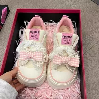 Белоснежные холщовые женские туфли с круглым носком на плоской подошве, женские туфли для улицы, лаконичные пэчворк, узел-бабочка, милый стиль для студентов 35 розовый