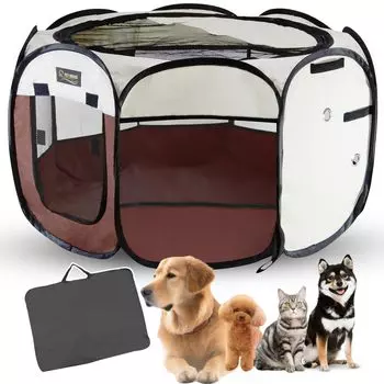 BelovedPet клетка для кошек и собак, круг для домашних животных, предотвращение стихийных бедствий, эвакуация на открытом воздухе, под наблюдением смотрителя, складная, для помещений с крышей, для мелких животных, ширина 114 см коричневый