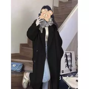 Беловато-белое шерстяное пальто женское средней и длинной длины 2024 года осень-зима новое маленькое корейское нежное утолщенное шерстяное пальто S