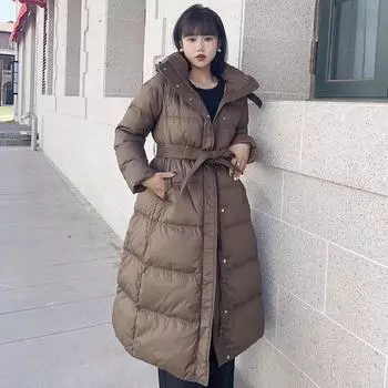 Belt 2024 новый белый утиный пух женский на талии со шнуровкой утолщенный теплый длинный до колена пуховик с капюшоном M size 90-55kg