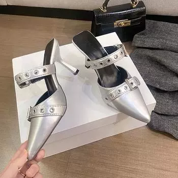 Belt Buckle Fashion High Heels Summer Punk Style High Heel Sandals Plus Size 42 Pointed Stiletto Heel Slippers Leopard Print 35 серебряный