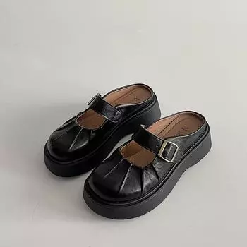 Belt buckle retro thick-soled bag head slippers women s spring and summer new outer wear heightening half slippers lazy shoes trend 35