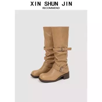 Belt buckle stack boots thick heel autumn new retro old medium boots boots niche tooling boots women 35