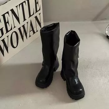 Belt buckle stacking boots women s trouser boots new fashionable versatile thick-soled leather boots heightened and thin knight boots 35