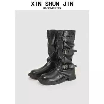 Belt Buckle Thick Bottom Pleated Pile Boots Women s New Sweet Cool Spice Girl Medium Tube Black Knight Pant Pants Fashion Boots 35