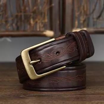 Ремень мужской 3. 5 см в ширину корейский стиль ретро лазерный резной узор натуральная кожа чистая коровья кожа латунная пряжка ремень женский универсальный 100cm