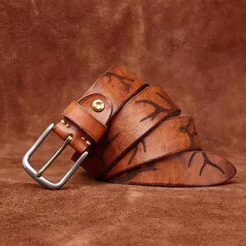 Belt Men s Retro Personality Trend Antlers Embossed First Layer Cowhide Leather Stainless Steel Buckle Jeans Belt