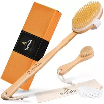 Belula Body Brush Set Premium Exfoliation Care Натуральная щетка для тела из щетины кабана Щетка для очищения лица Перчатки для ванны Чехол в комплекте (Назад) & &