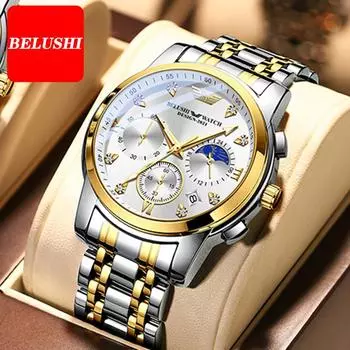 BELUSHI новые лучшие мужские часы, деловые инкрустированные бриллиантами и стальным ремнем, водонепроницаемые часы для ночи, мужские кварцевые часы