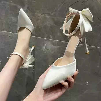 Белые элегантные туфли-лодочки на тонком каблуке с бантом, женские туфли с острым носком и ремешком на щиколотке, свадебные туфли для вечеринок, женские шелковые туфли для невесты на очень высоком каблуке 38 бежевый