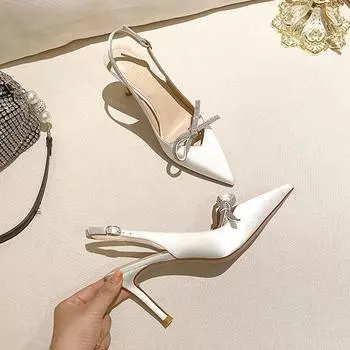 Белые атласные свадебные туфли со стразами и бантом на высоком каблуке-шпильке, женские туфли-лодочки с острым носком, женская обувь для выпускного вечера с открытой пяткой, туфли для невесты 41 белый