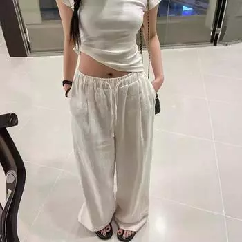 Белые базовые льняные женские брюки Deeptown с эластичной резинкой на талии Harajuku, корейские модные мешковатые брюки, женские тонкие повседневные летние брюки большого размера L белый