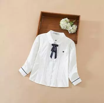 Белые блузки для девочек, рубашка с длинными рукавами и рюшами, весенне-осенние хлопковые рубашки на пуговицах, повседневная одежда с милым бантом 130 белый