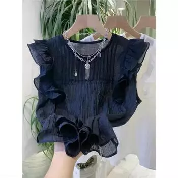 Белые блузки для женщин Blusas Mujer De Moda без рукавов с круглым вырезом свободные рубашки с оборками свободные винтажные летние блузки топы женские XXXL белый