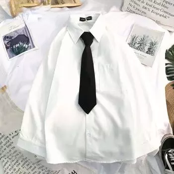 Белые блузки с длинными рукавами, женские однотонные свободные студенческие женские рубашки, блузка, черные рубашки большого размера с лацканами, топы с галстуком S чёрный