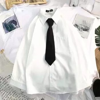 Белые блузки с длинными рукавами, женские однотонные свободные студенческие женские рубашки, блузка, черные рубашки большого размера с лацканами, топы с галстуком S белый