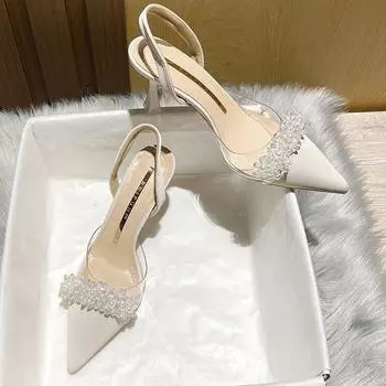 Белые босоножки-мешки женские весна-лето 2024 новые французские прозрачные туфли на шпильке с острым носком на маленьком каблуке 35