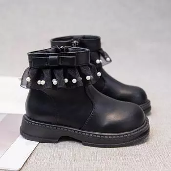 Белые ботильоны для девочек, зимние теплые меховые сапоги, детские уличные черные ботинки «Челси» для детей EU:27 чёрный