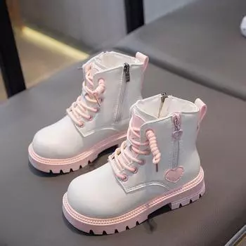 Белые ботильоны для девочек, зимние теплые меховые сапоги, детские уличные черные ботиночки для детей EU:27 чёрный