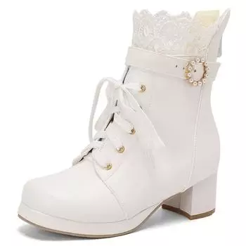Белые ботильоны для женщин Осень Зима 2024 Черные Розовые Короткие Ботинки Низкий Каблук Обувь Сладкие Лолиты Девушки Водонепроницаемые Большой Размер 34 белый