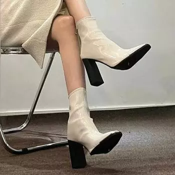Белые ботильоны из кожи, женская обувь, зимняя обувь, ботинки на молнии, женские, роскошные, дизайнерские, низкие, 2025, рок, высокие каблуки, женская мода 35 чёрный