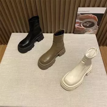 Белые ботинки Martin на толстой подошве Xiaoxiangfeng. Женская обувь. Тонкие ботинки. Сегодня популярны короткие ботинки. 35 хаки