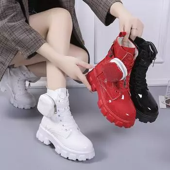 Белые ботинки Зимняя обувь Панк Зимние ботинки Ботильоны Готическая обувь Женская шнуровка ремень пряжка карман дизайнерская обувь 35 белый