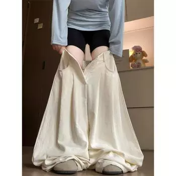 Белые брюки-костюм фу для женщин на весну и лето, новые, с высокой талией, свободные, драпирующиеся, прямого кроя, повседневные и расслабленные, широкие брюки S