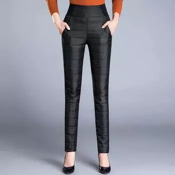 Белые брюки на утином пуху женские классические теплые черные эластичные обтягивающие хлопковые брюки женские офисные ветрозащитные с высокой талией плотные зимние брюки 2XL чёрный