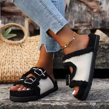 Белые черные женские тапочки из меха и плюша на платформе, нескользящие тапочки, повседневные модные римские шлепанцы с пряжкой, зимний стиль 36 белый