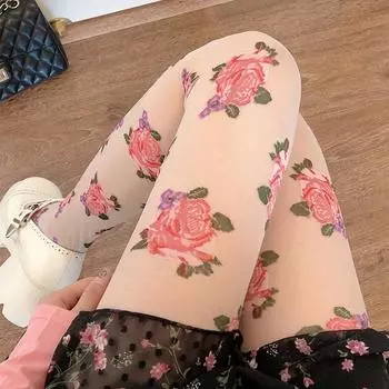 Белые чулки весна/лето, тонкие французские розы в стиле ретро с принтом белый