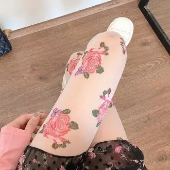 Белые чулки весна/лето, тонкие французские розы в стиле ретро с принтом белый