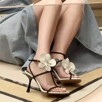 Белые цветочные босоножки с прямым ремешком для женщин в летнем стиле феи с квадратным носком на высоком каблуке для женщин 34 бежевый