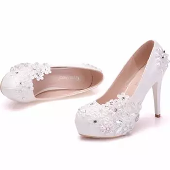 Белые цветочные кружева с блестящими кристаллами Свадебные туфли на высоких каблуках 40 белый