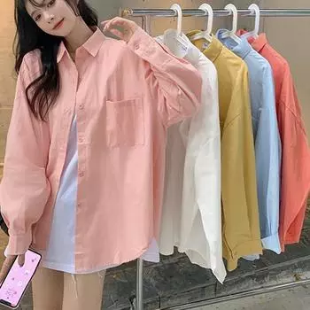 Белые длинные рукава женские однотонные свободные студенческие женские рубашки блузки черные лацканы свободные рубашки топы S белый