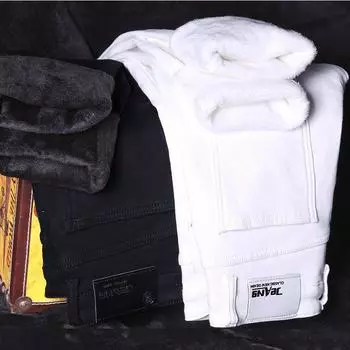 Белые джинсы мужские утепленные зимние теплые эластичные узкие брюки повседневные мужские брюки 28 белый