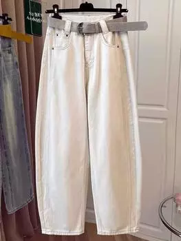 Белые джинсы-палаццо с высокой посадкой для женщин - Лето 2025, больших размеров, для фигуры груша , стройнящие, свободного кроя. XL абрикосовый
