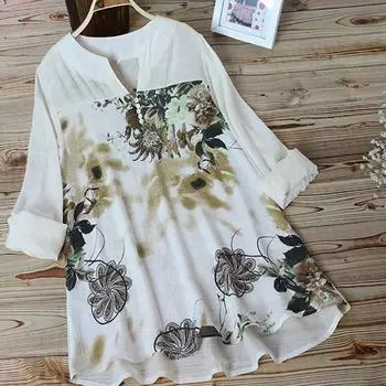 Белые фиолетовые блузки большого размера, женская винтажная длинная блузка с круглым вырезом, повседневная рубашка-рубашка на весну и лето M белый