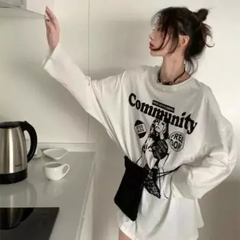 Белые футболки, женские хлопковые футболки с длинным рукавом и круглым вырезом, корейские топы большого размера, повседневная модная футболка с принтом Y2k M белый