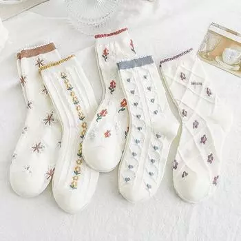 Белые хлопковые кружевные летние носки - женские длинные трубчатые модели 35-40 кофейный