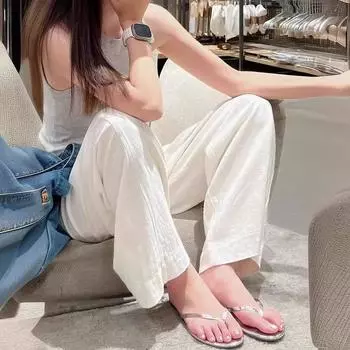 Белые хлопковые льняные широкие брюки миниатюрного размера, высокая талия, драпировка, прямые повседневные брюки для похудения для женщин S белый