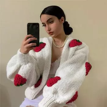Белые клубничные вязаные крючком кардиганы с рукавами-фонариками, осенние топы для женщин, милые трикотажные пальто для женщин M красный