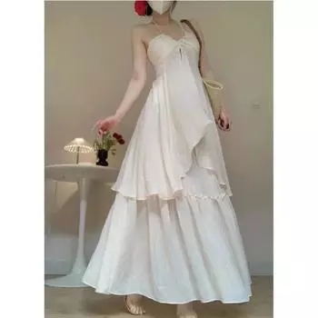 Белые комплекты платьев из 2 предметов. Лето 2024. Элегантная блузка с лямкой на бретельках в стиле французской романтики + милые юбки в сказочном стиле. Эстетическая пляжная вечеринка. S белый