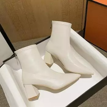 Белые короткие сапоги на высоком каблуке женские осенне-зимние остроносые женские сапоги плюшевые 2024 новые тонкие сапоги Wild Martn сапоги 34 чёрный