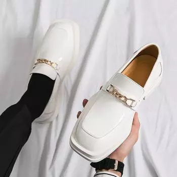 Белые кожаные туфли на толстой подошве с металлической цепочкой, квадратные туфли-лоферы, высококачественные деловые туфли для свадьбы, мужские повседневные туфли 38 чёрный