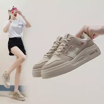Белые кроссовки на платформе в корейском стиле 2025 года — повседневная обувь для женщин, визуально увеличивающая рост (К2702) 36 бежевый/чёрный