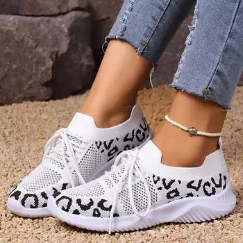 Белые кроссовки с сетчатым принтом, женские дышащие вязаные кроссовки для бега, женская осенняя легкая нескользящая повседневная обувь большого размера, 2024 г. 36 белый