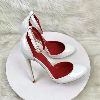 Белые лакированные женские туфли-лодочки на шпильке с ремешком на щиколотке, сексуальные туфли на высоком каблуке 10 см 12 см, на заказ, размеры 33-46, Zapatos Mujer 35
