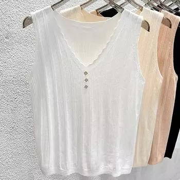 Белые майки женские летние 2025 без рукавов с V-образным вырезом черные трикотажные майки женские топы JJ281 One Size чёрный