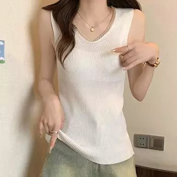 Белые майки женские летние 2025 без рукавов с V-образным вырезом черные узкие трикотажные майки женские топы JJ265 One Size чёрный